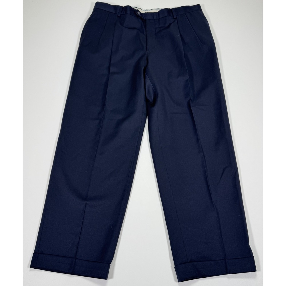 Austin Reed Mens 36S 34x28 Navy Blue Wool Pleated Cuffed Dress Pants Trousers